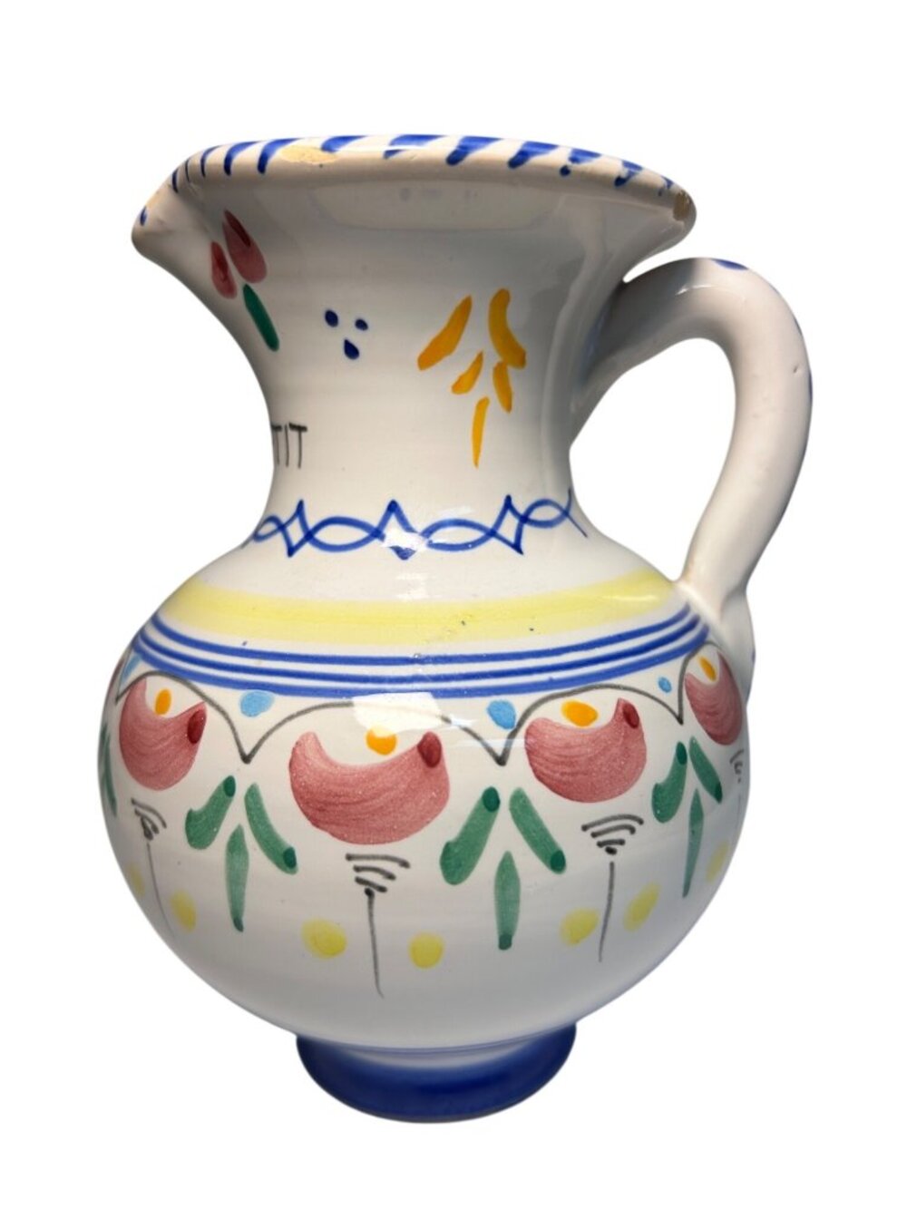 Hand Painted Ceramic Pitcher L’Estartit Spain Floral Design 6” Tall